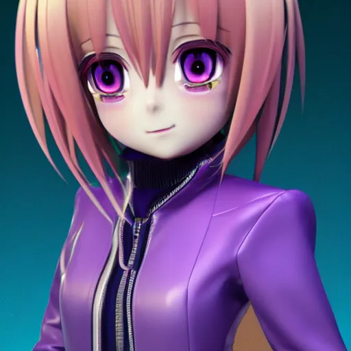 Prompt: portrait of a anime and chibi very cute girl with purple jacket design by antonio mello, xkung work, character modeling, toy design, substance 3 d painter, blender, mental ray, zbrush, soft vinyl, bio luminescent, maximalist sculpted design portrait, studio photo, 7 0 mm lens, trending in artstation