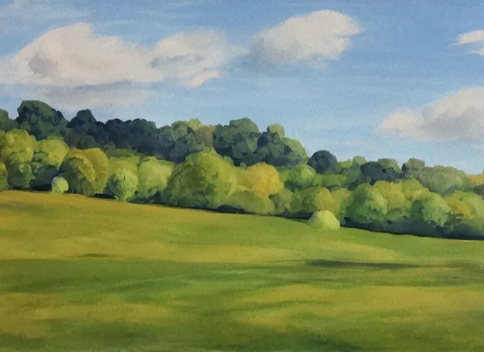 Image similar to landscape of british countryside, summer time, in gouache plein air art style