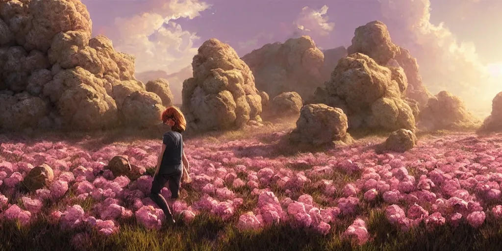 Prompt: strange rocks floating above a field of pink popcorn, harsh light and long shadows, afternoon sun, detailed digital art by artgerm and WLOP, Greg Rutkowski, Felix Kelly, detailed digital art, lighting dynamic, highly detailed, cinematic lighting, 8k, HD