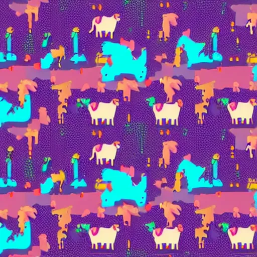 Image similar to a herd of sheep being herded by a cyberpunk cowboy Shepard, cyberpunk cityscape Purple mint teal orange green pink