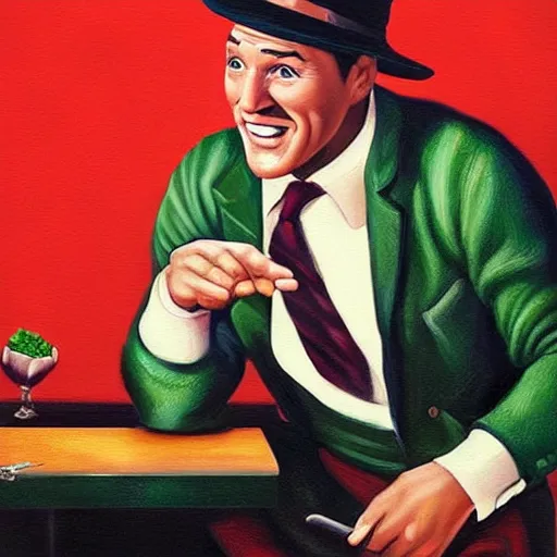 Image similar to beautiful lifelike painting of gene kelly demanding a refund on undercooked overpriced dinosaur steak in downtown dive bar bistro, hyperreal detailed facial features and uv lighting, retro pixel bitmap art by ed roth and basil wolverton