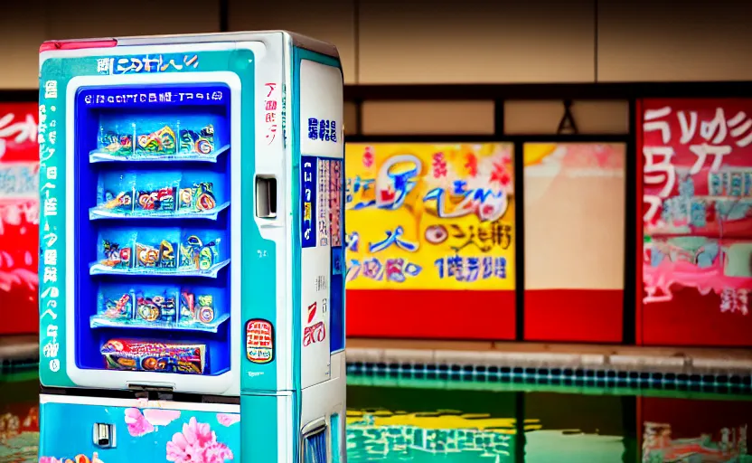 Image similar to photograph of Japanese vending machine in water of abandoned pool, one point perspective, 1-point perspective, tilt shift, sigma 85mm f/1.4, 4k, depth of field, high resolution, 4k, 8k, hd, full color