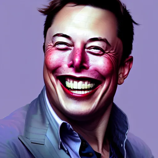 Image similar to Portrait of Elon Musk laughing hysterically as stock prices crash, fantasy, intricate, elegant, highly detailed, digital painting, artstation, concept art, matte, sharp focus, illustration, art by Artgerm and Greg Rutkowski and Alphonse Mucha, portrait