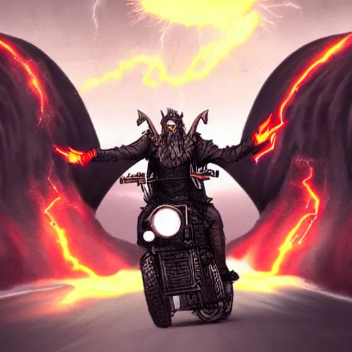 Image similar to epic wizard riding a motorcycle into the gates of hell, lightning shooting out of hands, video game concept art,