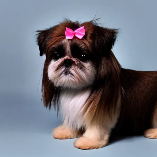 Image similar to shih tzu, brown and white, wearing a pink bow, life photography