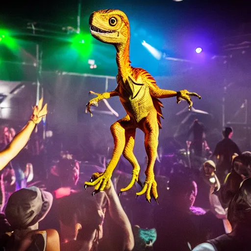 Prompt: professional photo of a velociraptor at a rave