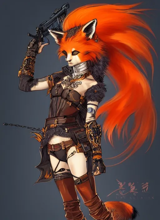 Prompt: portrait of a beautiful young fox female rogue with short orange hair, wearing ornate pirate clothing, fox tail. in style of yoji shinkawa and hyung - tae kim, trending on artstation, dark fantasy, great composition, concept art, highly detailed, dynamic pose, vibrant colours.