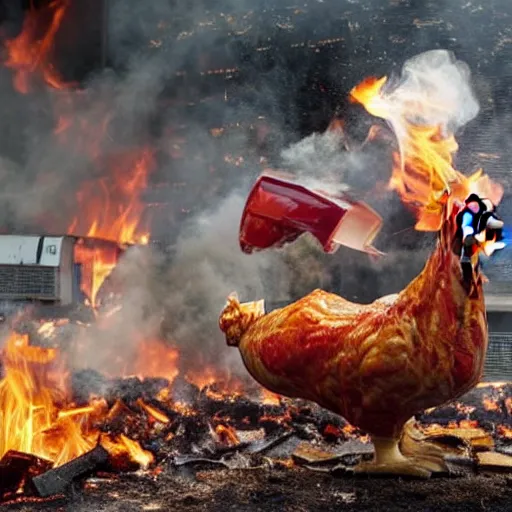 Prompt: giant chicken destroying a mcdonalds, smoke, fire, debris