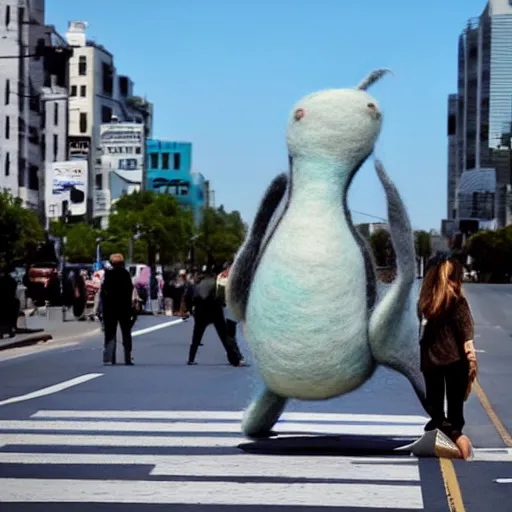 Image similar to photo of a life sized needle - felted blue whale crossing the street