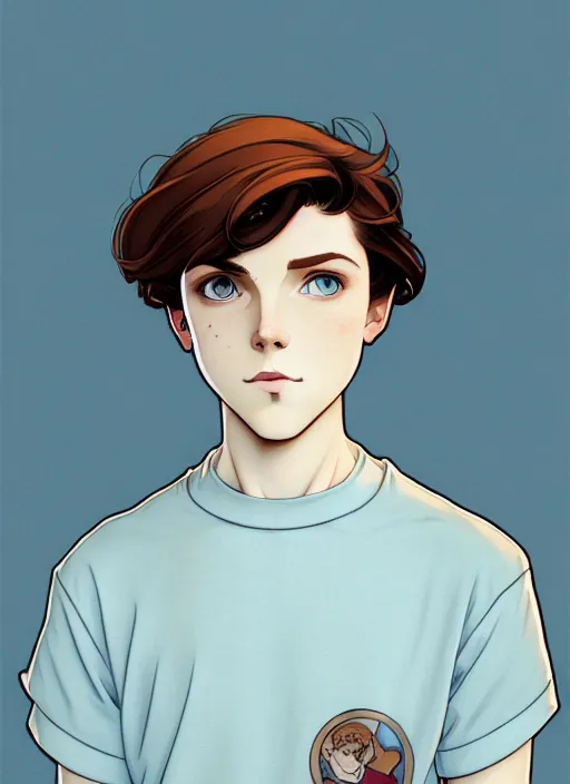 Image similar to art nouveau portrait of a teen boy with completely straight auburn hair, light blue eyes, pale skin, freckles, sad expression, t - shirt, modern casual clothing, natural lighting, path traced, highly detailed, high quality, cartoon, digital painting, by don bluth and ross tran and studio ghibli and alphonse mucha