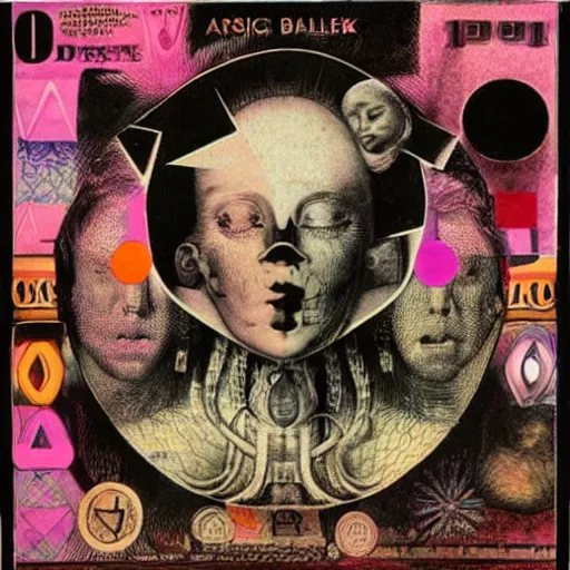 Image similar to post - punk new age album cover, asymmetrical design, frame of a dollar bank notes, capitalism, magic, apocalypse, psychedelic, black white pink, magic, giger h. r., giuseppe arcimboldo