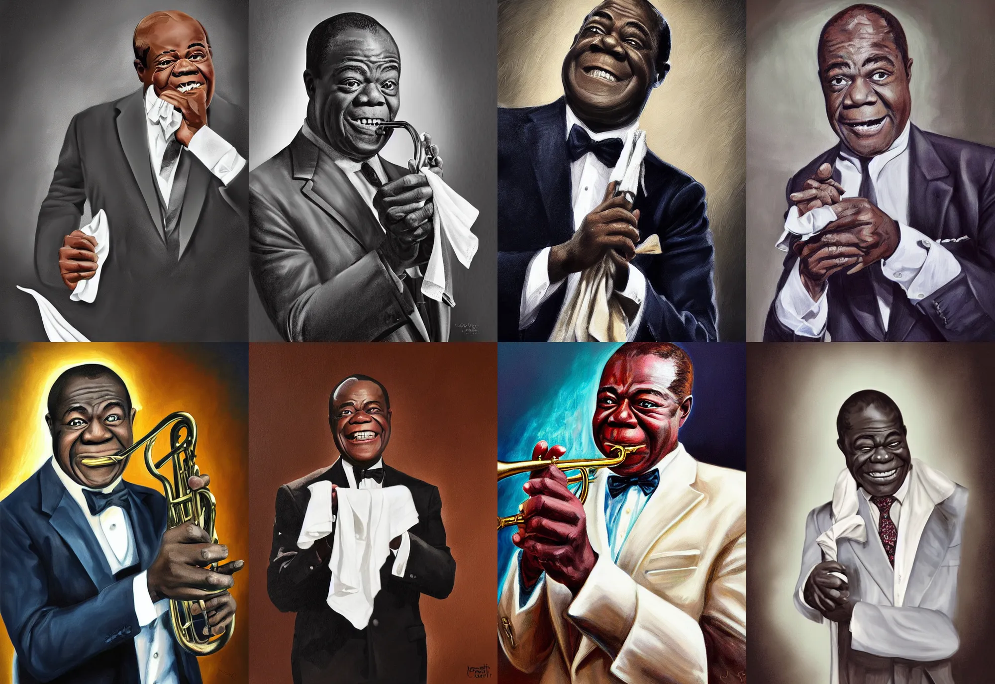 Image similar to a portrait of louis armstrong holding a white handkerchief, by jamie coreth, dramatic lighting, highly detailed digital painting