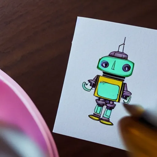 Prompt: a very cute tiny robot thinking about writing a love letter to her friend