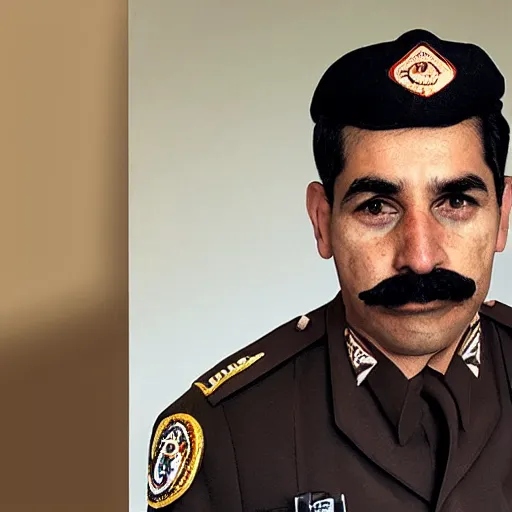 Prompt: a man in a brown uniform with short black hair, he is in his 40s, he has blue soggy eyes, he has a short rectangular mustache.