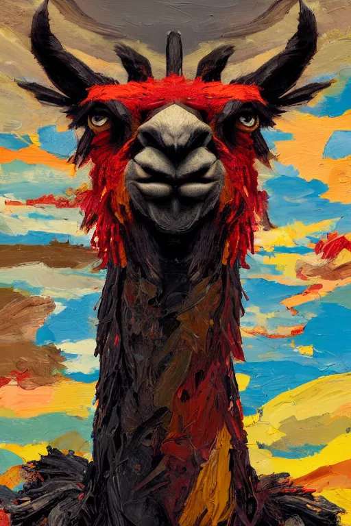 Prompt: Llama anthro portrait fire black red yellow orange llama portrait impasto oil painted daubed smoke flame fire army hellfire anton fadeev dug stanat simon stalenhag anato finnstark lucian freud nicola samori Frank Auerbach, llama, daily deviation