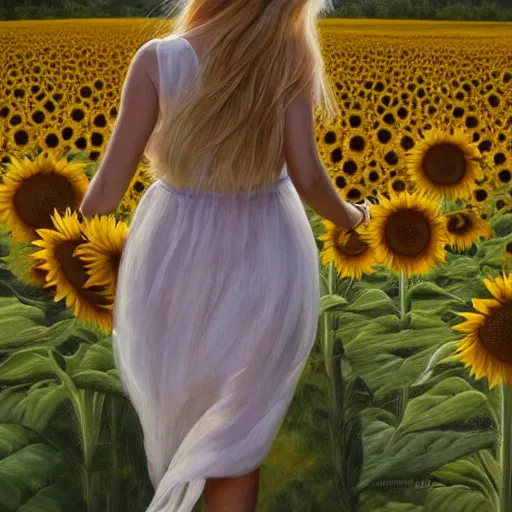 Image similar to a blonde babe slowly walking through amazing tall sunflower field, her blonde hair flowing down, subtle, intricate details, real masterpiece, oil on canvas, by somsak anong