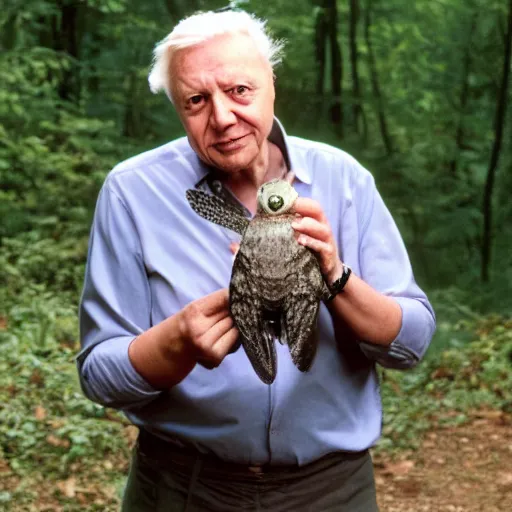 Image similar to Sir David Attenborough holding Mothman