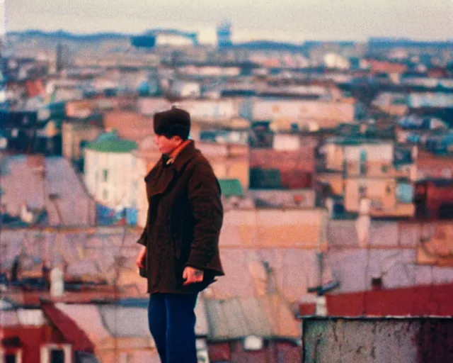 Image similar to lomo photo of man standing on the roof of soviet hrushevka, small town, cinestill, bokeh, out of focus