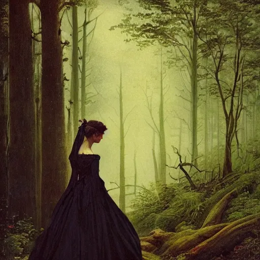 Image similar to A beautiful victorian woman, night, gothic dress, flowing hair, oil painting, portrait, magical forest, , glow, dramatic lighting, dramatic light, masterpiece, high detail, long shadow, amazing composition, detailed, painted by Caspar David Friedrich