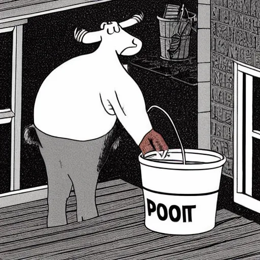 Image similar to a cow points at a bucket, illustrated by gary larson, far side comic, b & w