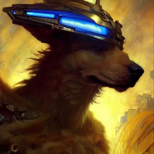 Image similar to portrait german dogman canine nerd neuromancer. spaceship futuristic city. shadowrun cyberpunk fantasy d & d painting by gaston bussiere craig mullins jc leyendecker gustav klimt artgerm greg rutkowski john berkey, bergey, craig mullins, ruan jia, raymond swanland, tom lovell