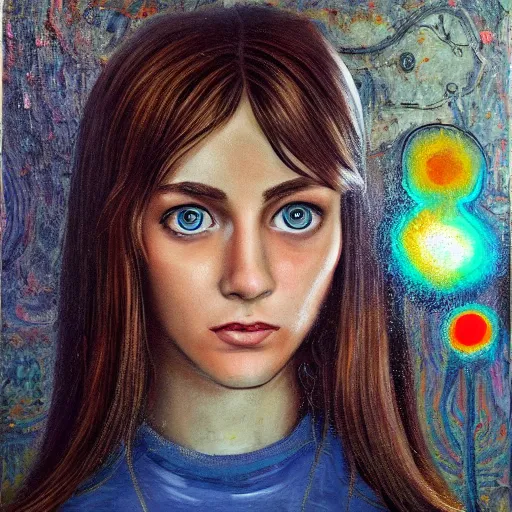 Prompt: the eyes of computer girl are connected to her retro vintage computer by mycelium bio filament connections. oil painting and ultra realistic. the image transmit a sense of wonder and exploration. the art is incredibly detailed. the characters are all unique and interesting.