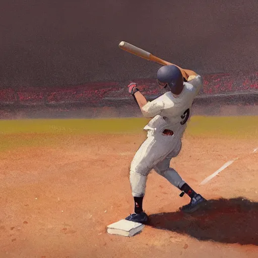 Image similar to baseball player hitting the ball with the baseball bat in the middle of the game and in front of everyone in the stadium, james gurney painting style, greg rutkowski, artstation