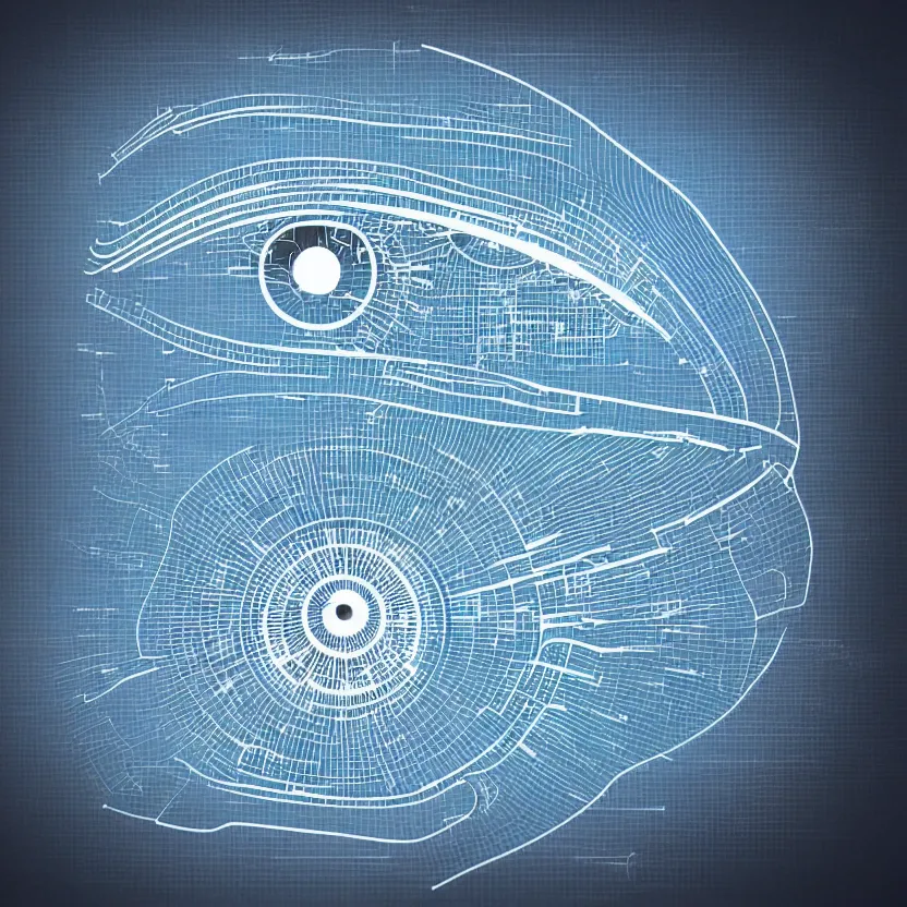 Image similar to cybernetic eye blueprint, simplistic drawn business logo, futuristic