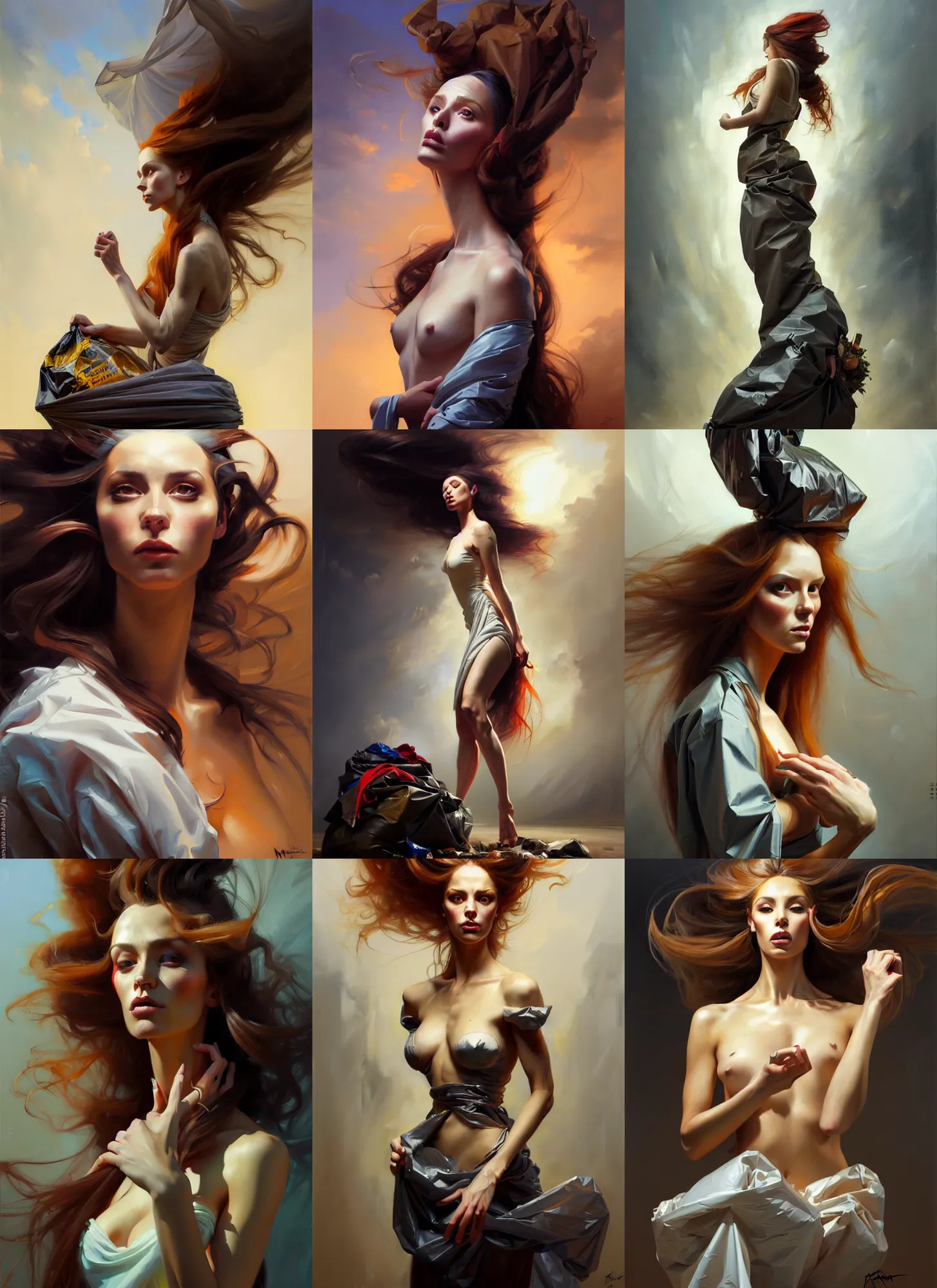 Prompt: fine art portrait oil painting of a beautiful woman with long hair wearing a garbage bag for clothes, perspective, ultra detailed, elegant, intricate, dynamic lighting, hyperrealism, sharp focus, art by peter mohrbacher and greg manchess and andrei riabovitchev