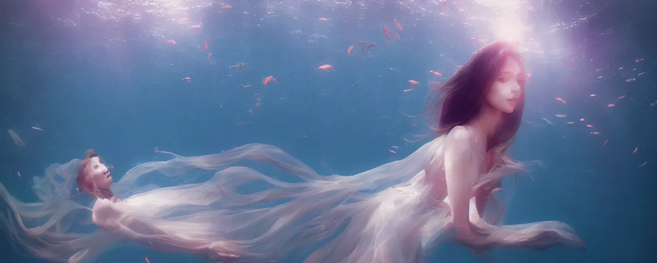 Image similar to beautiful female portrait, full body, diver in long flowy dress, underwater, cinematic volumetric lighting, soft bokeh, 8 k, by wlop, by ross tran