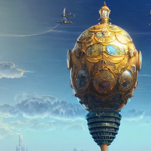 Prompt: enormous flying city in a gigantic faberge egg, sky, steampunk, flying islands, fantasy art, octane render