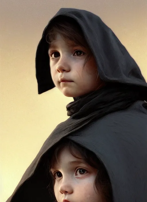 Image similar to perfectly - centered - portrait of a kid wearing black cloak holding stick, intricate, highly detailed, digital painting, artstation, concept art, smooth, sharp focus, illustration, unreal engine 5, 8 k, art by artgerm and greg rutkowski and alphonse mucha