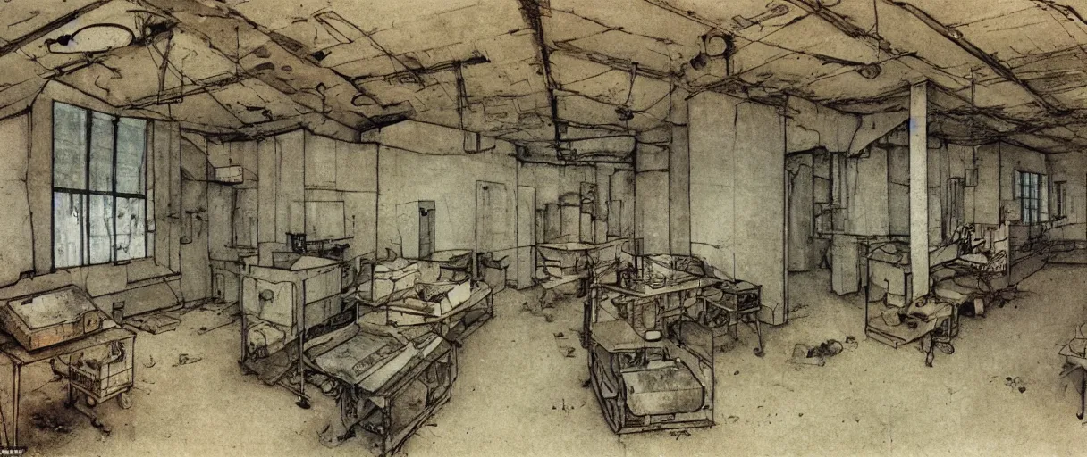 Image similar to abandoned laboroatory from cold war era, room full of cold war era computers, nuclear shelter, top secret industrial facillity, faded out colors, highly detailed muted colors, illustration by albrecht durer, fine art sketch