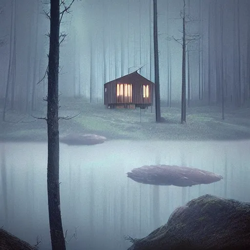 Prompt: “ swedish cabin in the forest next to the lake by simon stalenhag, misty morning, cinematic ”