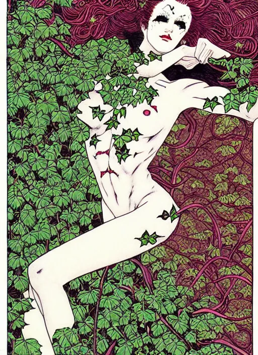 Image similar to poison ivy has the joker tied up in vines, intricate, art nouveau, art by takato yamamoto