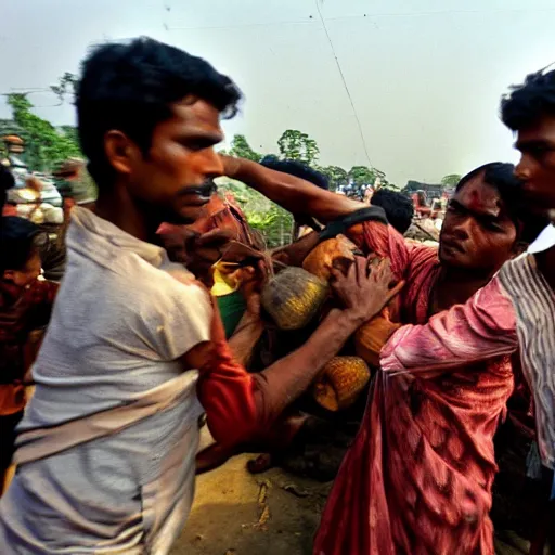 Image similar to cinematic photograph of people in Bangladesh fighting over fuel