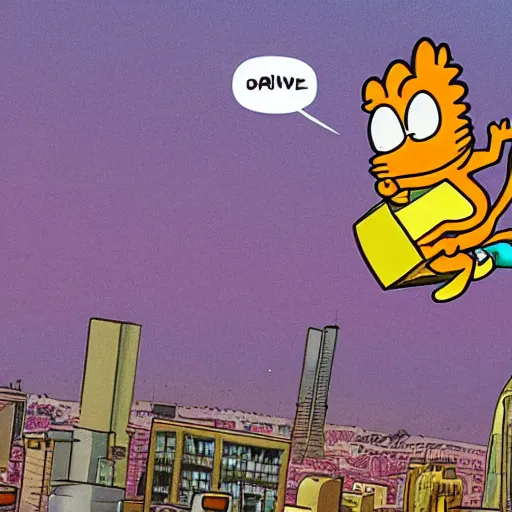 Image similar to garfield flying around the city with a jetpack while holding lasagna in his right hand, in the style of jim davis