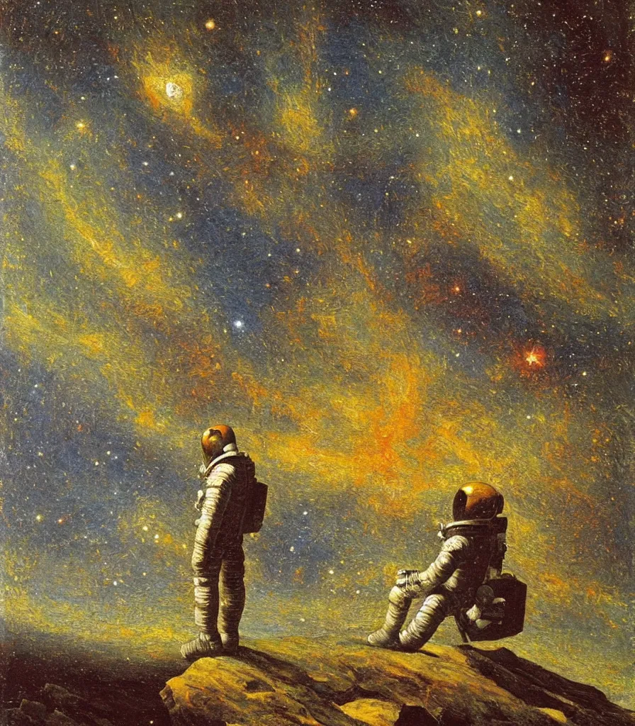 Image similar to an impasto oil painting of an astronaut gazing into a the universe painted by caspar david friedrich, galaxy, impressionism