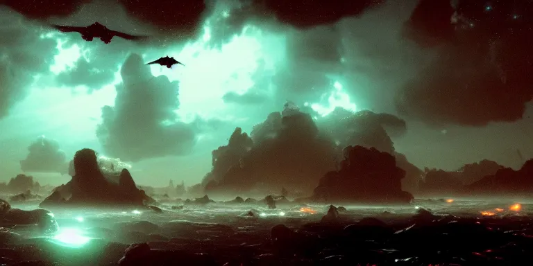 Image similar to throng of various alien flying shiny fish - like creatures, in the style of edwin salpeter. scene set in the upper atmosphere of jupiter. electrical storms. beautiful clouds. volumetric real lighting. real light and shadows. dim sun. astronomy. artstation, octane, real details, fog, 8 k, hd, warm red and orange shades.