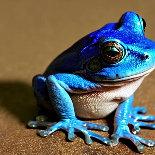 Prompt: a sad blue frog