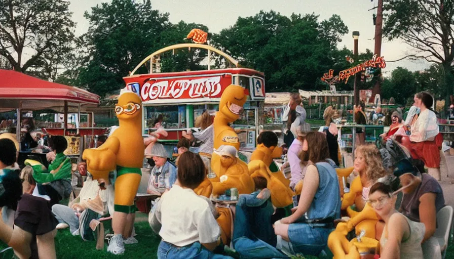 Prompt: 1990s candid photo of a beautiful day at the park, cinematic lighting, cinematic look, golden hour, costumed packaged food mascot people in the background, Enormous personified packaged food mascot people with outstandingly happy faces talking to families, UHD