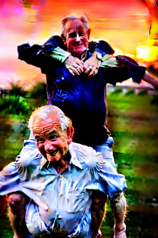 Image similar to elderly man carrying ted cruz piggyback, 8 k, award winning photograph, portrait, detailed faces, sunset in background, highly - detailed