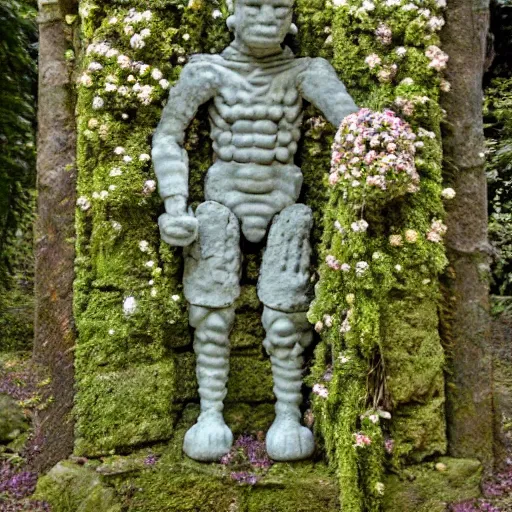 Prompt: stone golem covered with flowers and ivy in an enchanted forest, by simon cowell