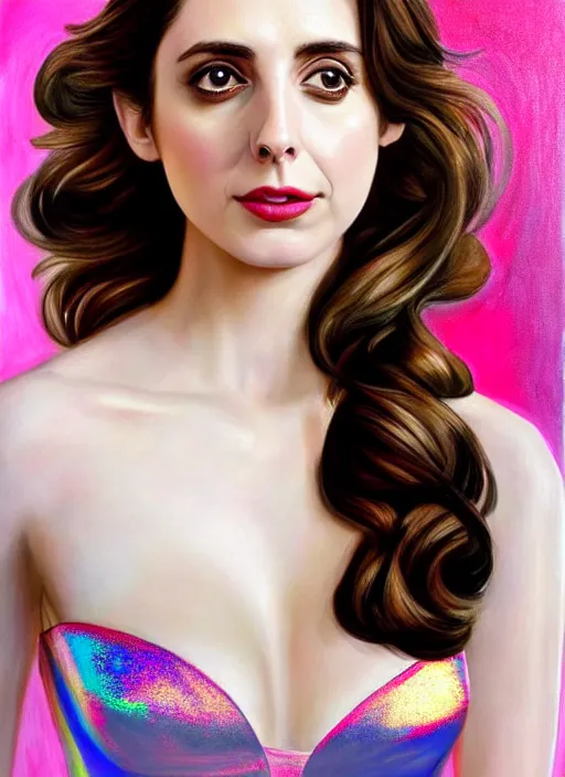 Image similar to Greek goddess Alison Brie in her best gala clothes staring in amusement at you. soft detailed painting at 16K resolution and amazingly epic visuals. epically beautiful image. amazing effect, image looks gorgeously crisp as far as it's visual fidelity goes, absolutely outstanding. vivid clarity. ultra detail. iridescent. mind-breaking. mega-beautiful pencil shadowing. beautiful face. Ultra High Definition. soft shading. soft texture. intensely beautiful.