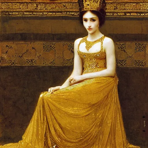 Image similar to a queen in a gold dress, ancient, arabic art, oil painting, otomo, amano, bouguereau, gustave moreau