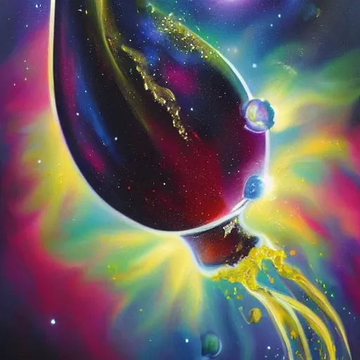 Image similar to a very beautiful and very detailed painting of wine spilling into space and forming a nebula. trending, professional, high quality, high resolution, dynamic
