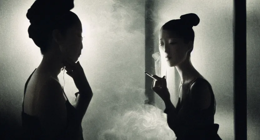 Image similar to girl smoking in a wong kar wai movie, cinematic light, atmospheric effects