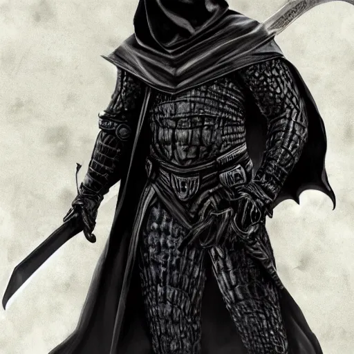 Prompt: a realistic full body of Konnor, a dragonblood, a black hood with black robes, holding a sword, extremely realistic and detailed,