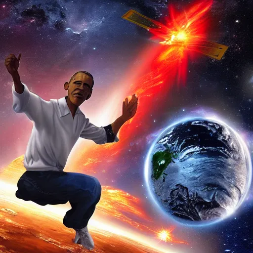 Prompt: obama fighting god in space