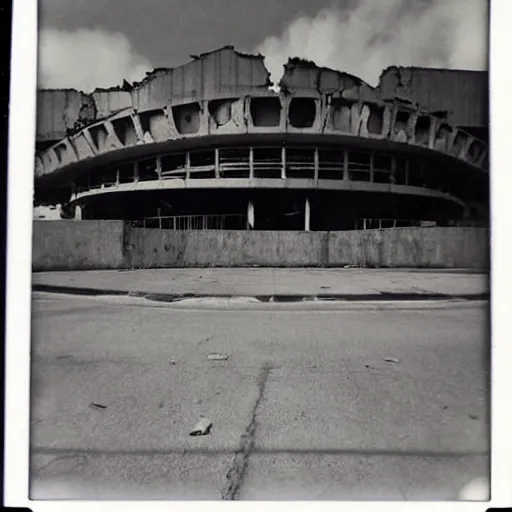 Image similar to old polaroid of a retro futuristic destroyed communist theatre, desolate, award winning, wide angle,